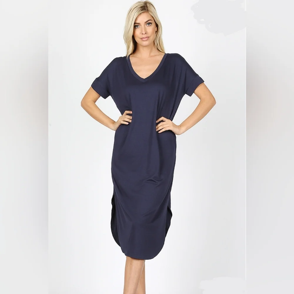 Zenana Navy‎ Blue Lounge Midi Dress | Relaxed Fit | S–3X